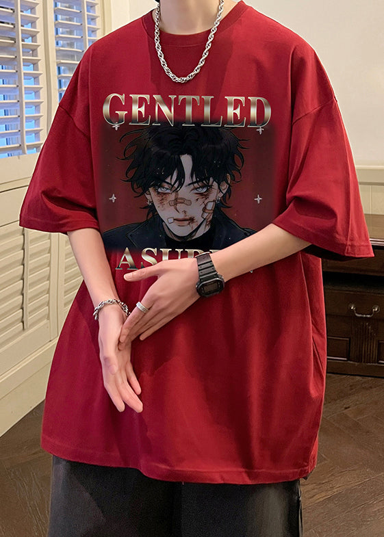 Cotton Mens Wine Red Print New Shirts Oversized Half T Sleeve