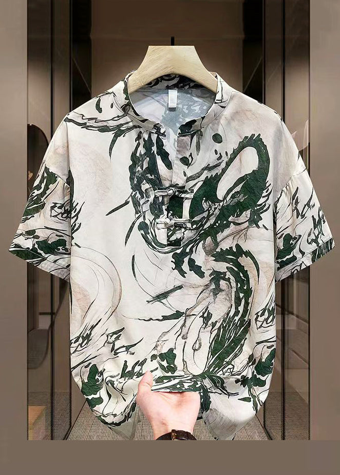 New Yellow Print Summer Mens Open Button T Side Silk Shirt Ice