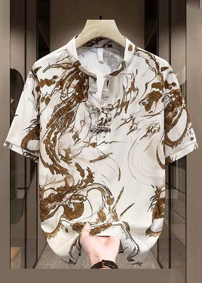 New Yellow Print Summer Mens Open Button T Side Silk Shirt Ice