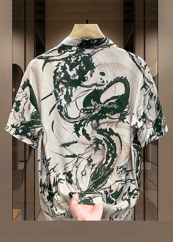 New Yellow Print Summer Mens Open Button T Side Silk Shirt Ice