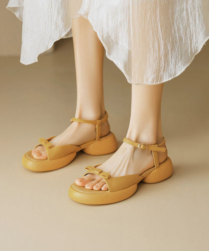 Cowhide Platform Peep Leather Toe New Sandals Yellow Bow Splicing