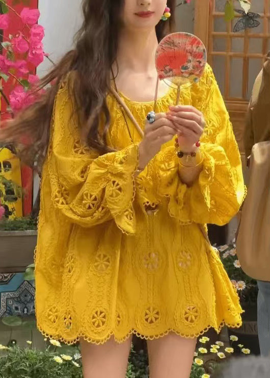 New Top Lace Sleeve O Neck Hollow Long Shirt Yellow Out