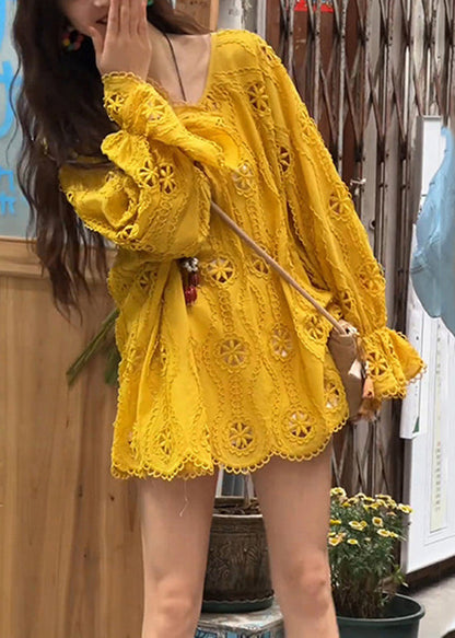 New Top Lace Sleeve O Neck Hollow Long Shirt Yellow Out
