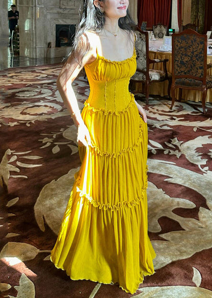 Sleeveless Strap New Cotton Ruffled Dress Yellow Solid Spaghetti