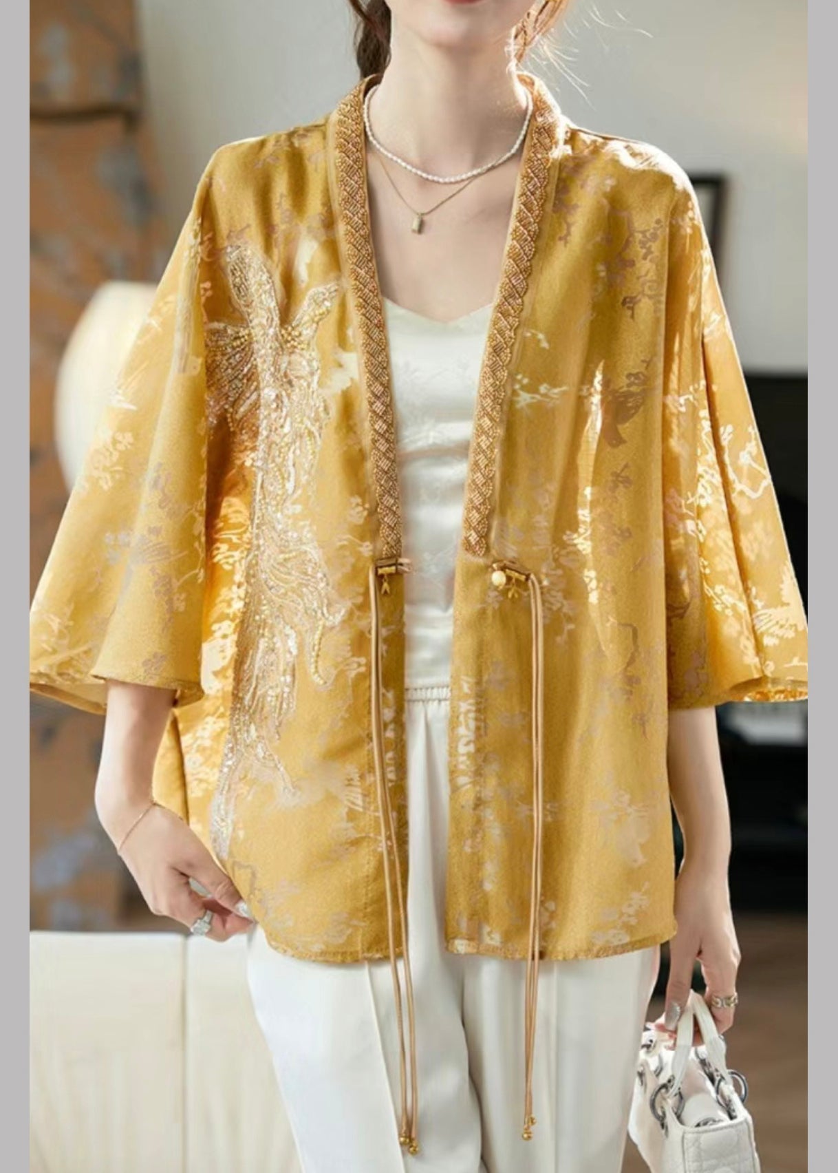 New Yellow V Neck Button Nail Bead Silk Shirt Batwing Sleeve RZ012
