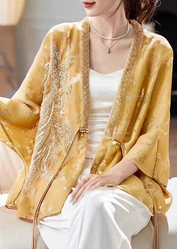 New Yellow V Neck Button Nail Bead Silk Shirt Batwing Sleeve RZ012