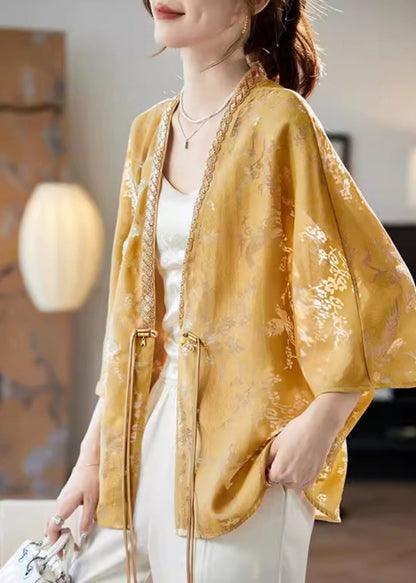 New Yellow V Neck Button Nail Bead Silk Shirt Batwing Sleeve RZ012
