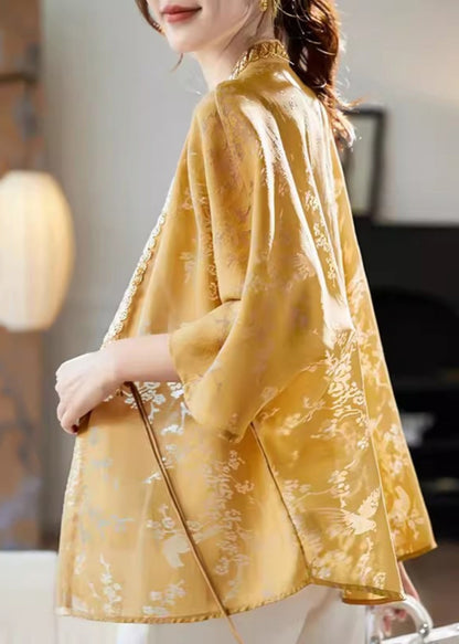 New Yellow V Neck Button Nail Bead Silk Shirt Batwing Sleeve RZ012