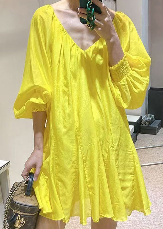 New V Lace Yellow Dress Up Solid Mini Spring Cotton Neck