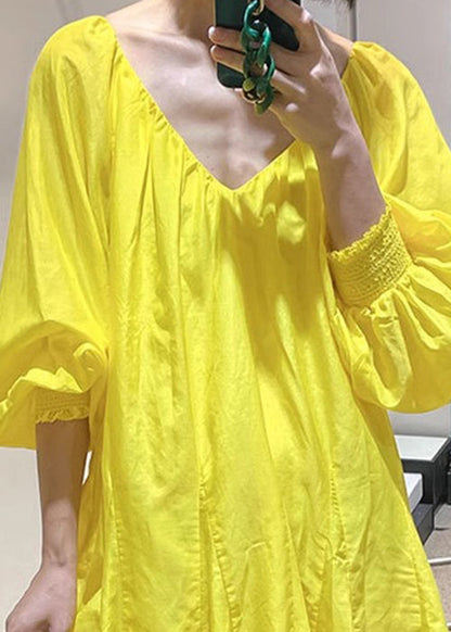 New V Lace Yellow Dress Up Solid Mini Spring Cotton Neck