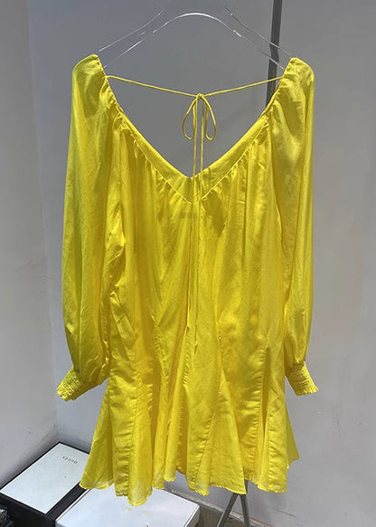 New V Lace Yellow Dress Up Solid Mini Spring Cotton Neck