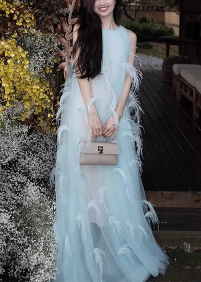 Sleeveless Robe Novelty Blue Dresses Chiffon Feather Patchwork
