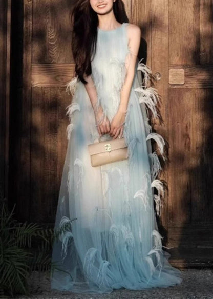 Sleeveless Robe Novelty Blue Dresses Chiffon Feather Patchwork