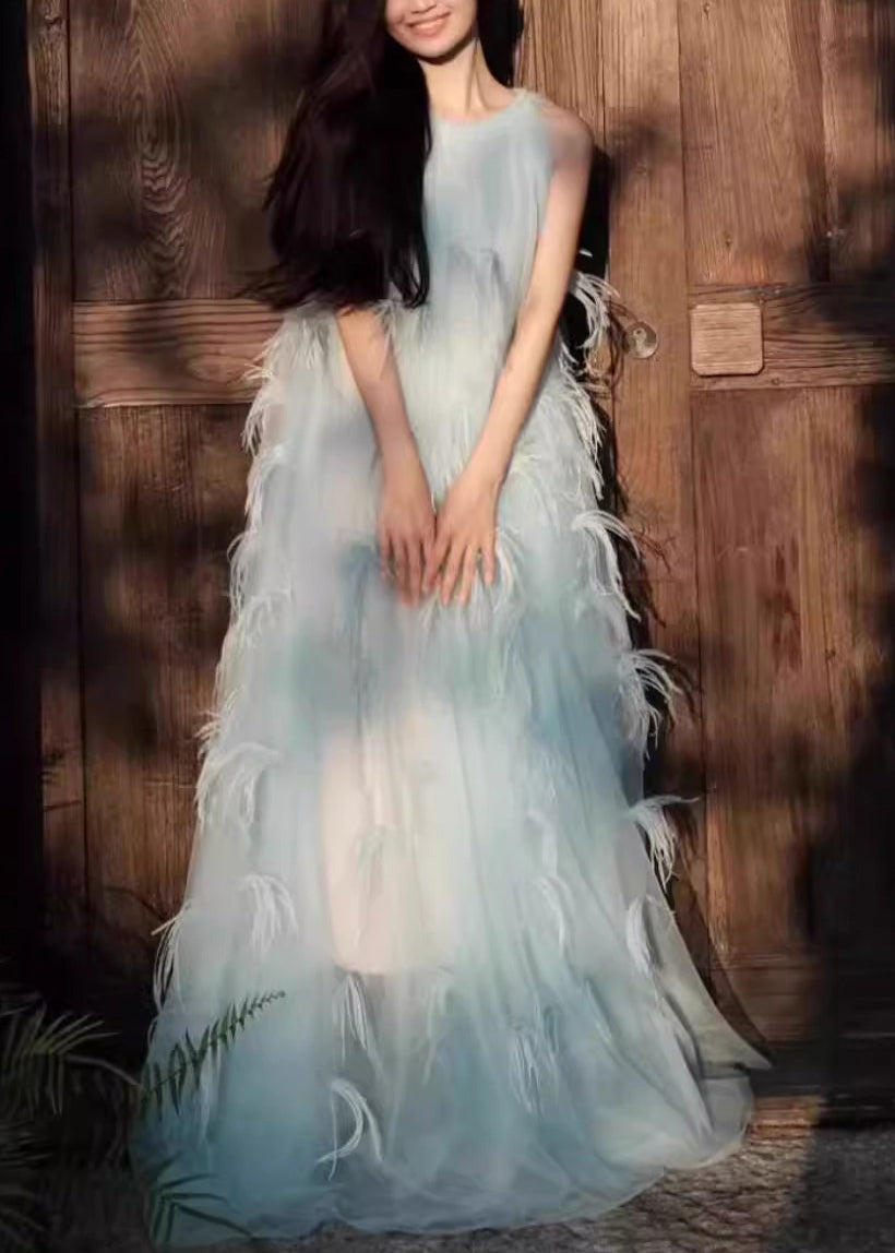 Sleeveless Robe Novelty Blue Dresses Chiffon Feather Patchwork