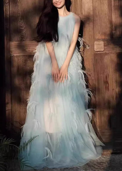 Sleeveless Robe Novelty Blue Dresses Chiffon Feather Patchwork