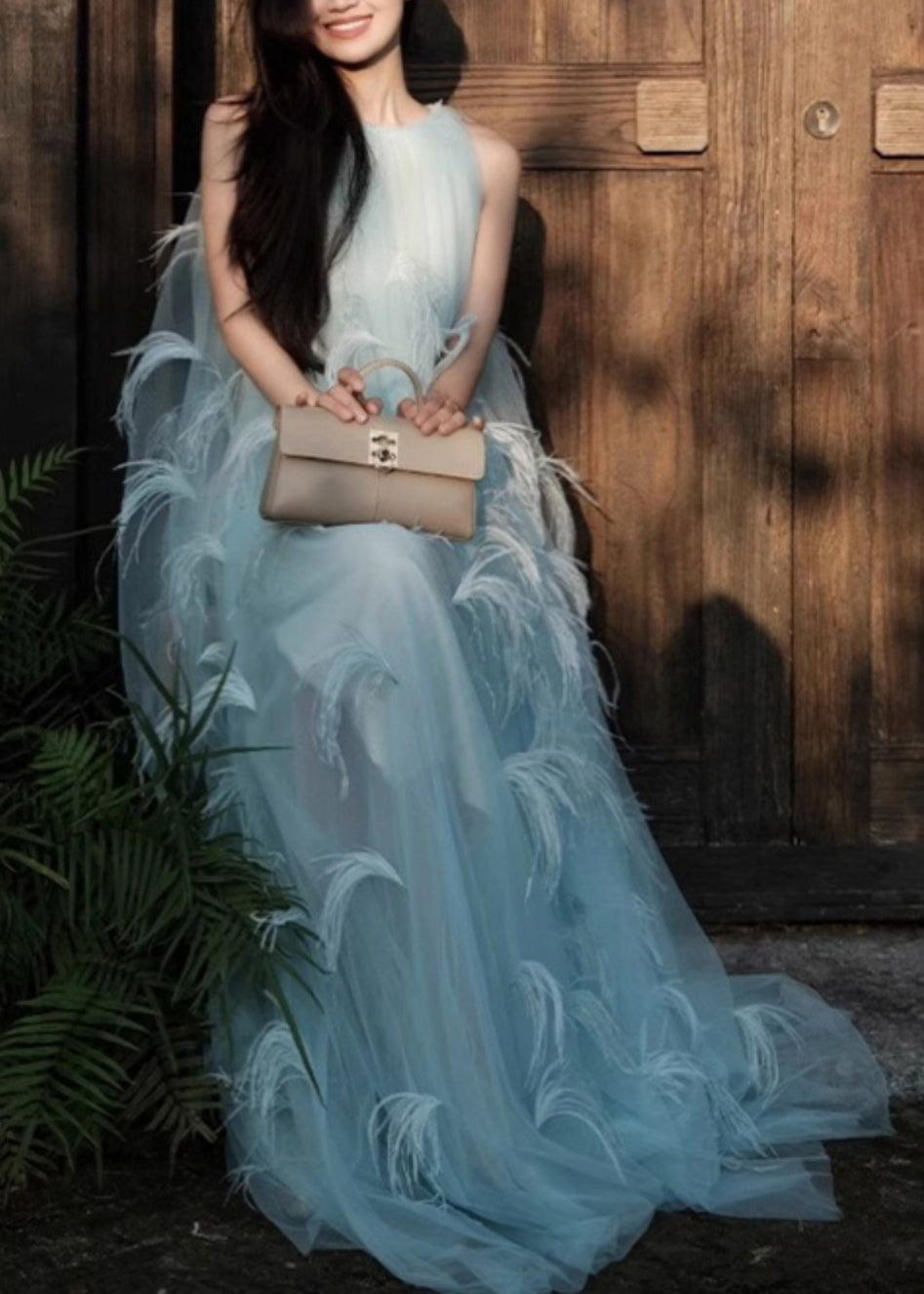 Sleeveless Robe Novelty Blue Dresses Chiffon Feather Patchwork