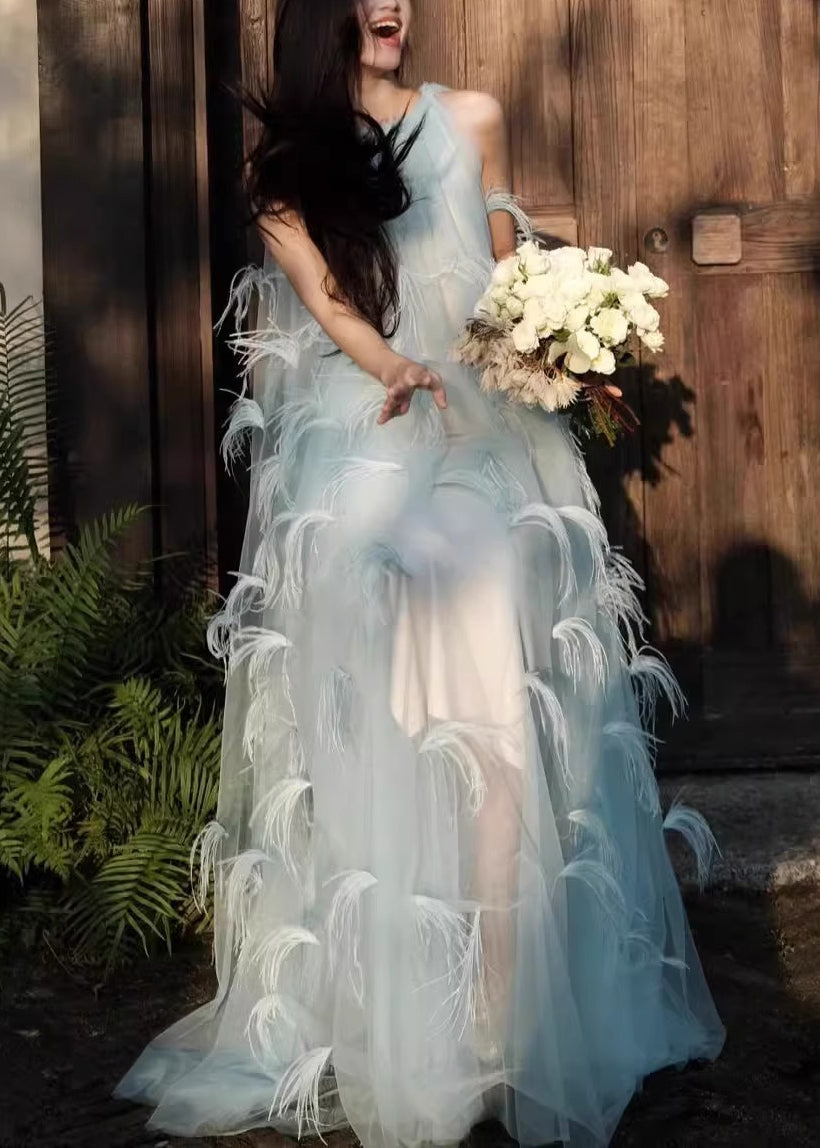 Sleeveless Robe Novelty Blue Dresses Chiffon Feather Patchwork