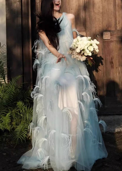 Sleeveless Robe Novelty Blue Dresses Chiffon Feather Patchwork