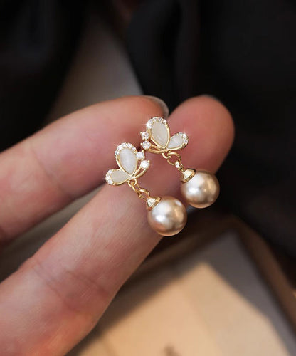 Novelty Copper Earrings Butterfly Pearl Champagne Drop Zircon