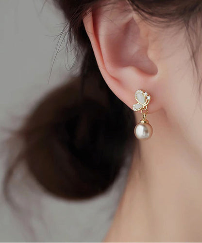 Novelty Copper Earrings Butterfly Pearl Champagne Drop Zircon