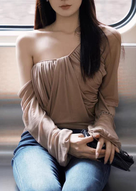 Sleeve Tops Wrinkled One Tulle Khaki Lantern Novelty Shoulder