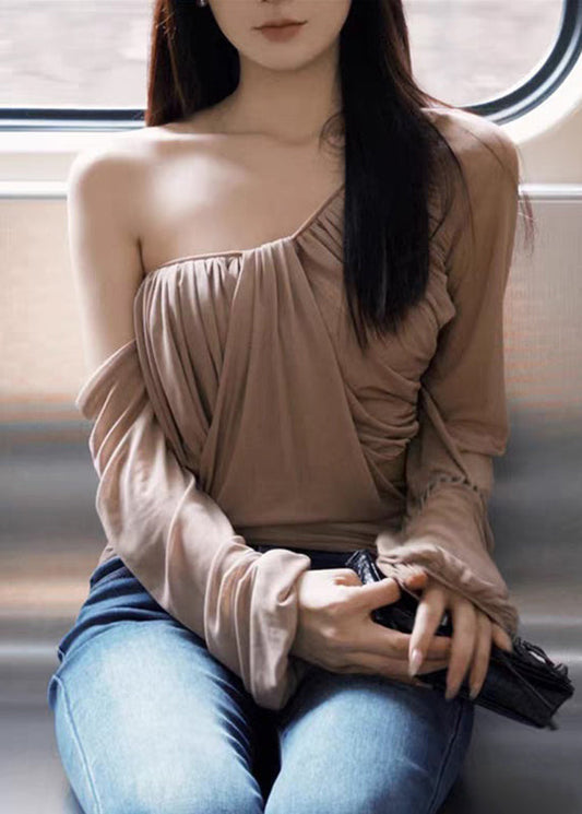 Sleeve Tops Wrinkled One Tulle Khaki Lantern Novelty Shoulder