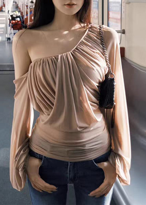 Sleeve Tops Wrinkled One Tulle Khaki Lantern Novelty Shoulder