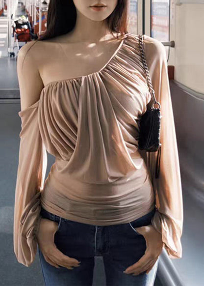 Sleeve Tops Wrinkled One Tulle Khaki Lantern Novelty Shoulder