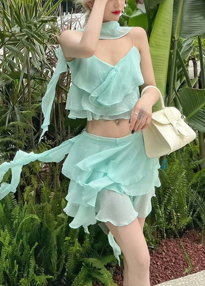 Novelty Light Blue V Neck Ruffled Chiffon Two Pieces Set Sleeveless EE1062