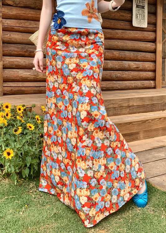 High Novelty Summer Print Skirts Orange Cotton Waist