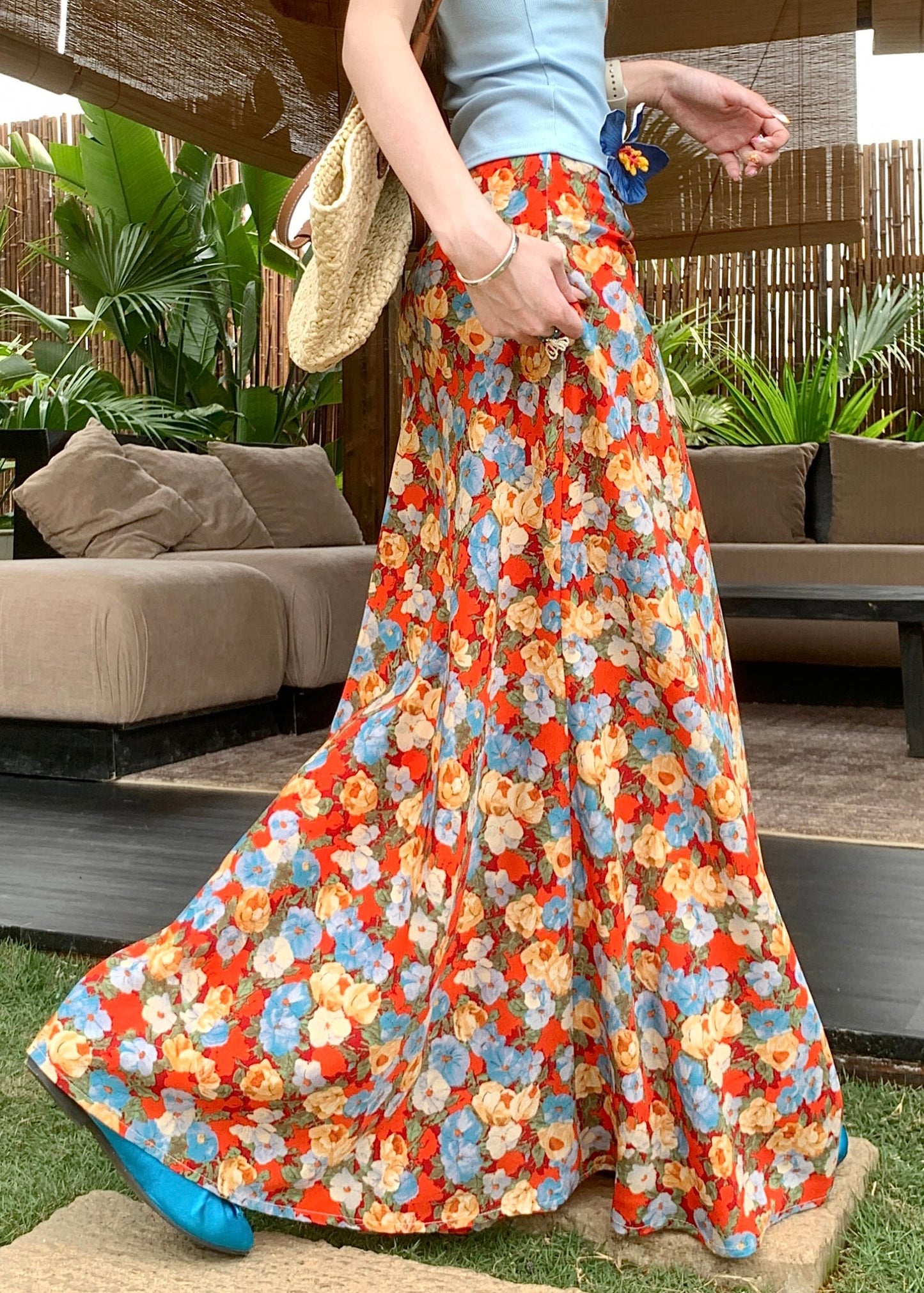 High Novelty Summer Print Skirts Orange Cotton Waist