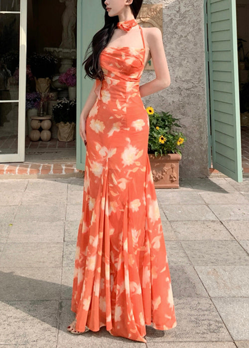 Sleeveless Orange Lace Up Dresses Novelty Print Long Chiffon