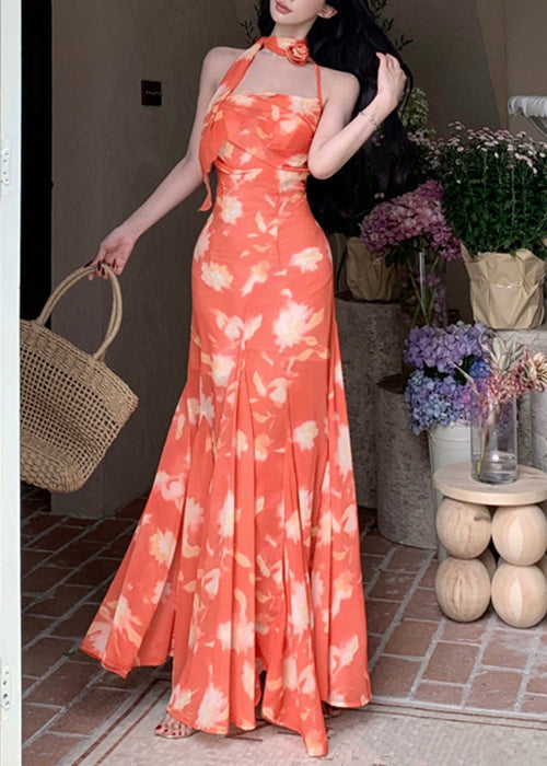 Sleeveless Orange Lace Up Dresses Novelty Print Long Chiffon
