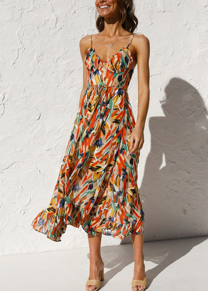 Novelty Orange Ruffled Print Cotton Spaghetti Strap Dress Sleeveless TL016