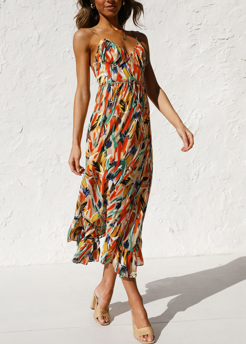 Novelty Orange Ruffled Print Cotton Spaghetti Strap Dress Sleeveless TL016