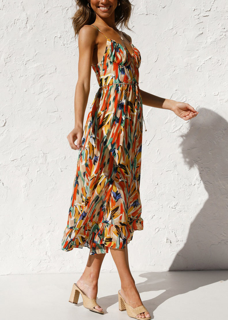 Novelty Orange Ruffled Print Cotton Spaghetti Strap Dress Sleeveless TL016