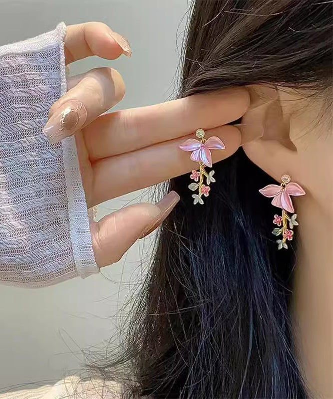 Zircon Novelty Tassel Drop Floral Pink Enamel Copper Earrings