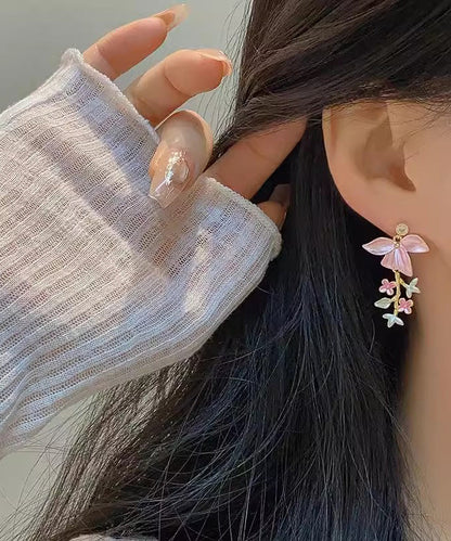 Zircon Novelty Tassel Drop Floral Pink Enamel Copper Earrings
