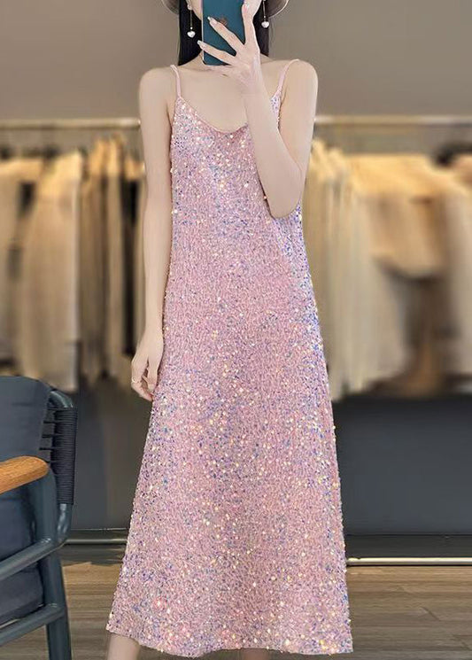 Novelty Pink V Neck Sequins Spaghetti Strap Dress Sleeveless AB1043
