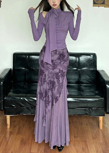 Novelty Purple Lace Up Tulle Patchwork Tops And Skirts Two-Piece Set Spring YT006