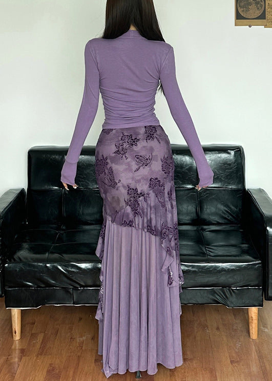 Novelty Purple Lace Up Tulle Patchwork Tops And Skirts Two-Piece Set Spring YT006