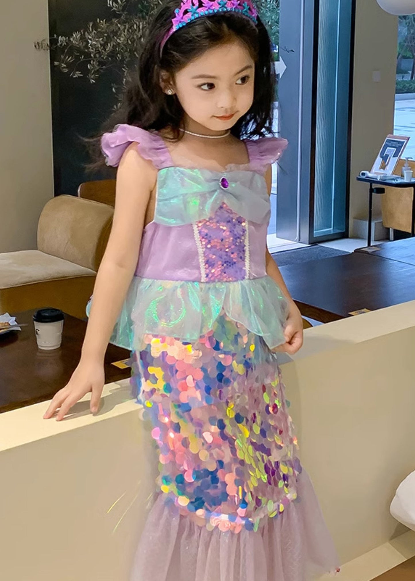 Novelty Purple Square Collar Sequins Tulle Kids Mermaid Maxi Dress Short Sleeve YE011
