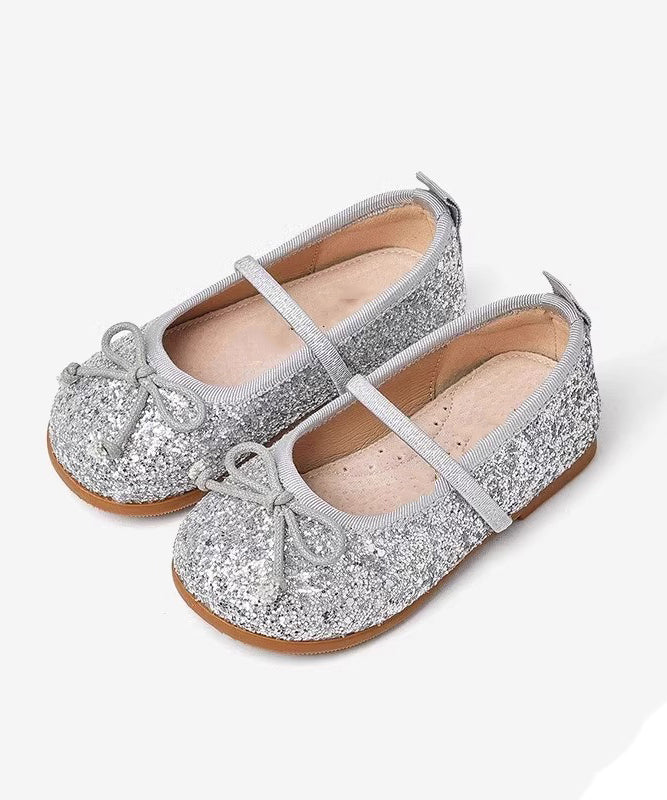 Silvery Flats Kids Sequins Leather Novelty Strap Faux Buckle