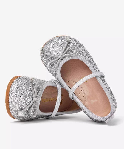 Silvery Flats Kids Sequins Leather Novelty Strap Faux Buckle