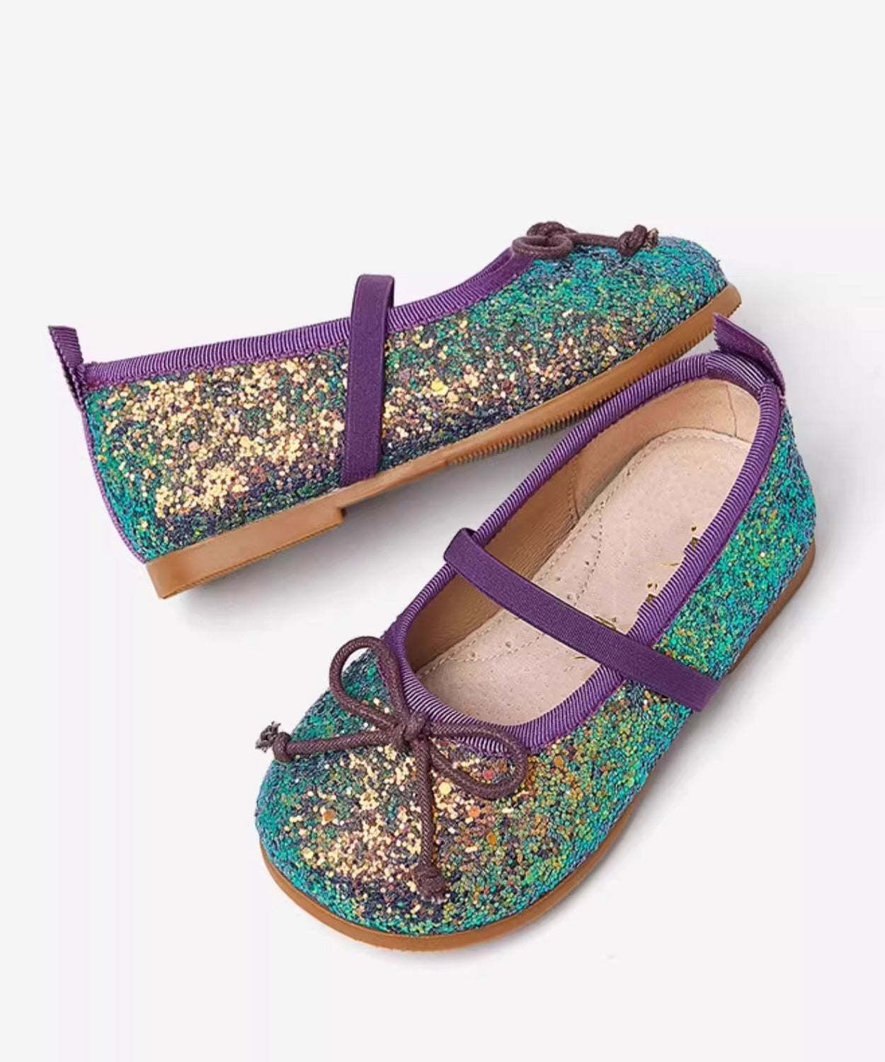 Silvery Flats Kids Sequins Leather Novelty Strap Faux Buckle