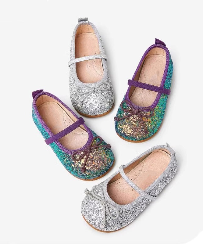 Silvery Flats Kids Sequins Leather Novelty Strap Faux Buckle