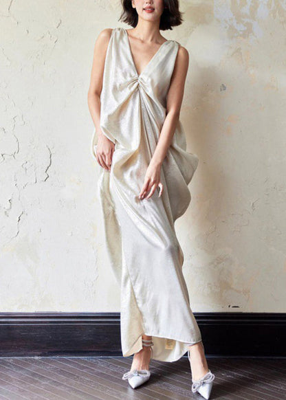 Novelty Dress Sleeveless Maxi Neck Pockets Wrinkled Cotton V