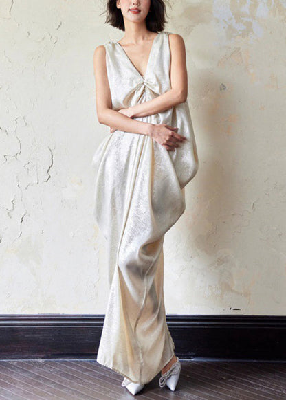 Novelty Dress Sleeveless Maxi Neck Pockets Wrinkled Cotton V