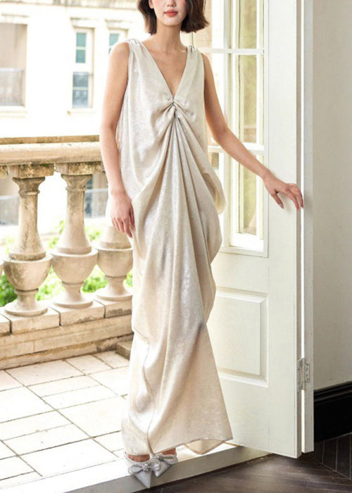 Novelty Dress Sleeveless Maxi Neck Pockets Wrinkled Cotton V