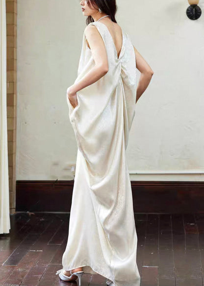 Novelty Dress Sleeveless Maxi Neck Pockets Wrinkled Cotton V